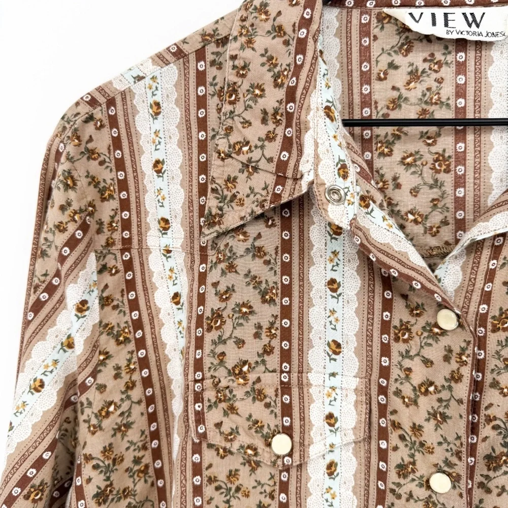 Vintage VIEW Cottagecore Floral Grannycore Snap Button Down Top Brown XL - Picture 3 of 10